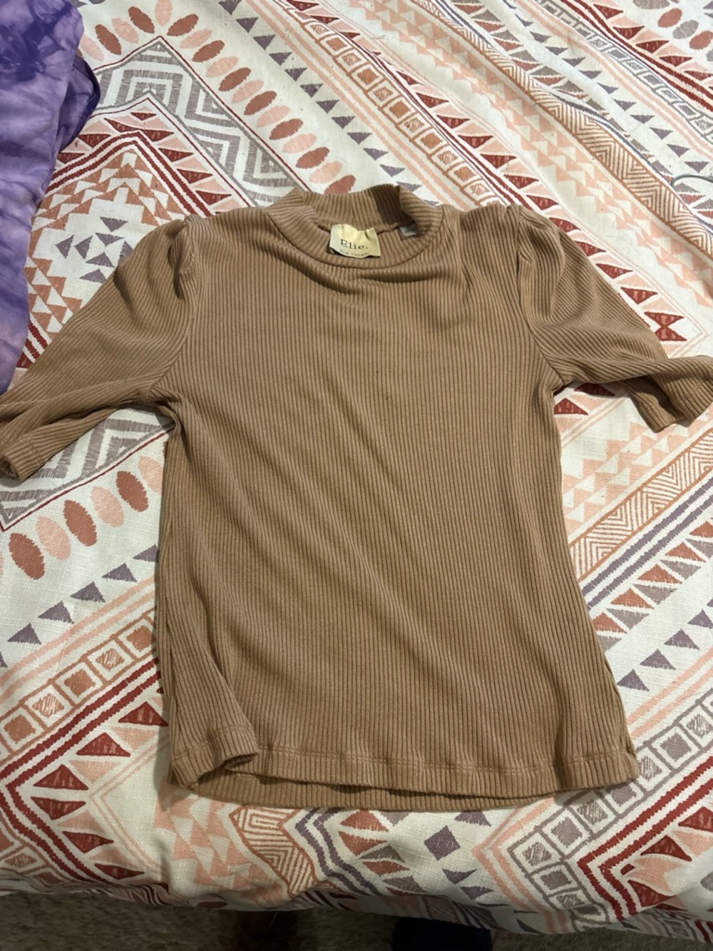 Elie Tahari Ribbed Short Sleeve Top in Light Brown